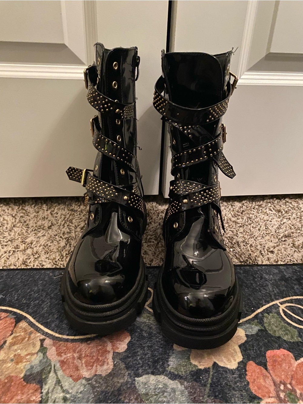 Azalea Wang Black and Gold Chunky Platform Boots with Functional Buckle Details